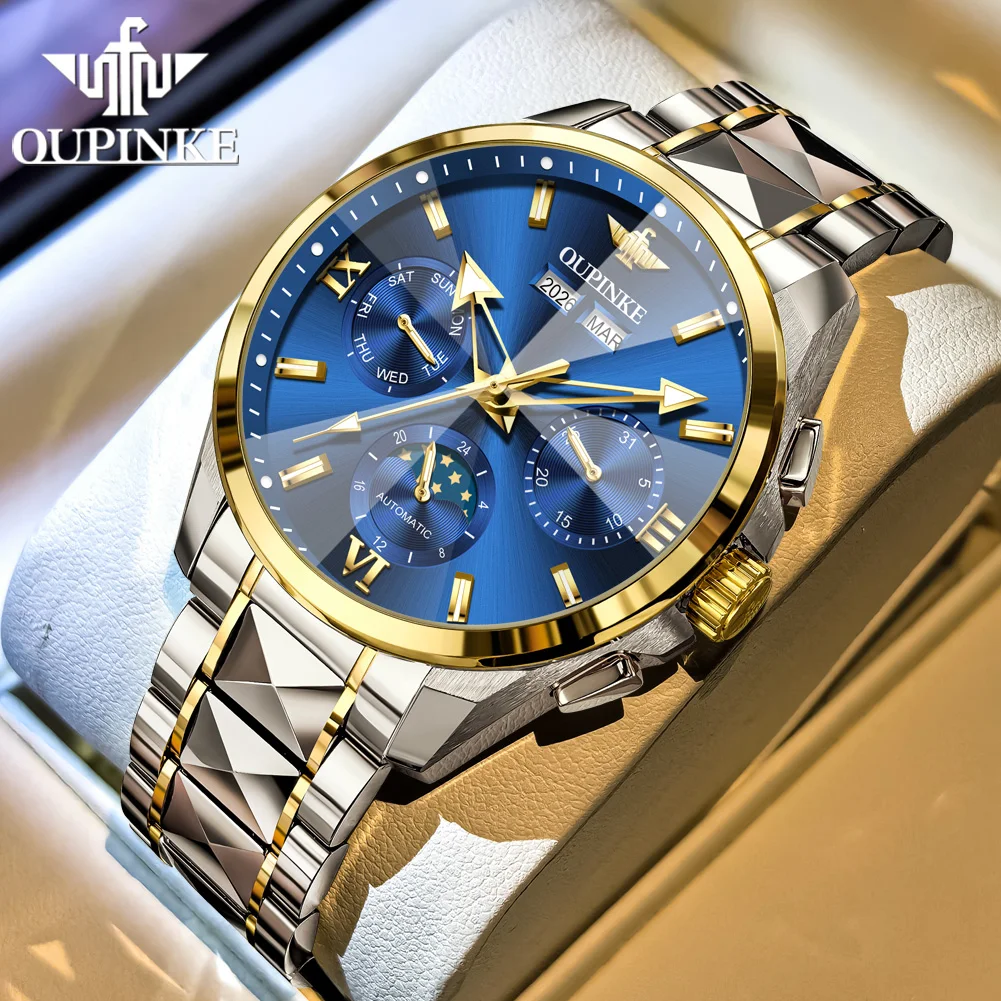 OUPINKE Luxe heren automatisch mechanisch polshorloge Zakelijk Waterdicht Maanfase Datum Week Reloj Mecánico Hombre 시계 남성용 3325