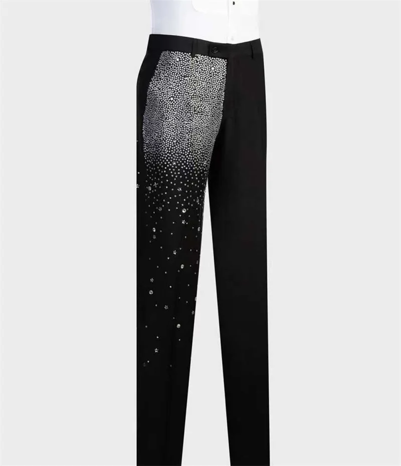 Luxury Crystals Men Suits Set 2 Pcs Blazer+Black Pant Trousers Shiny Wedding Tuxedos Formal Office Groom Prom Jacket Coat