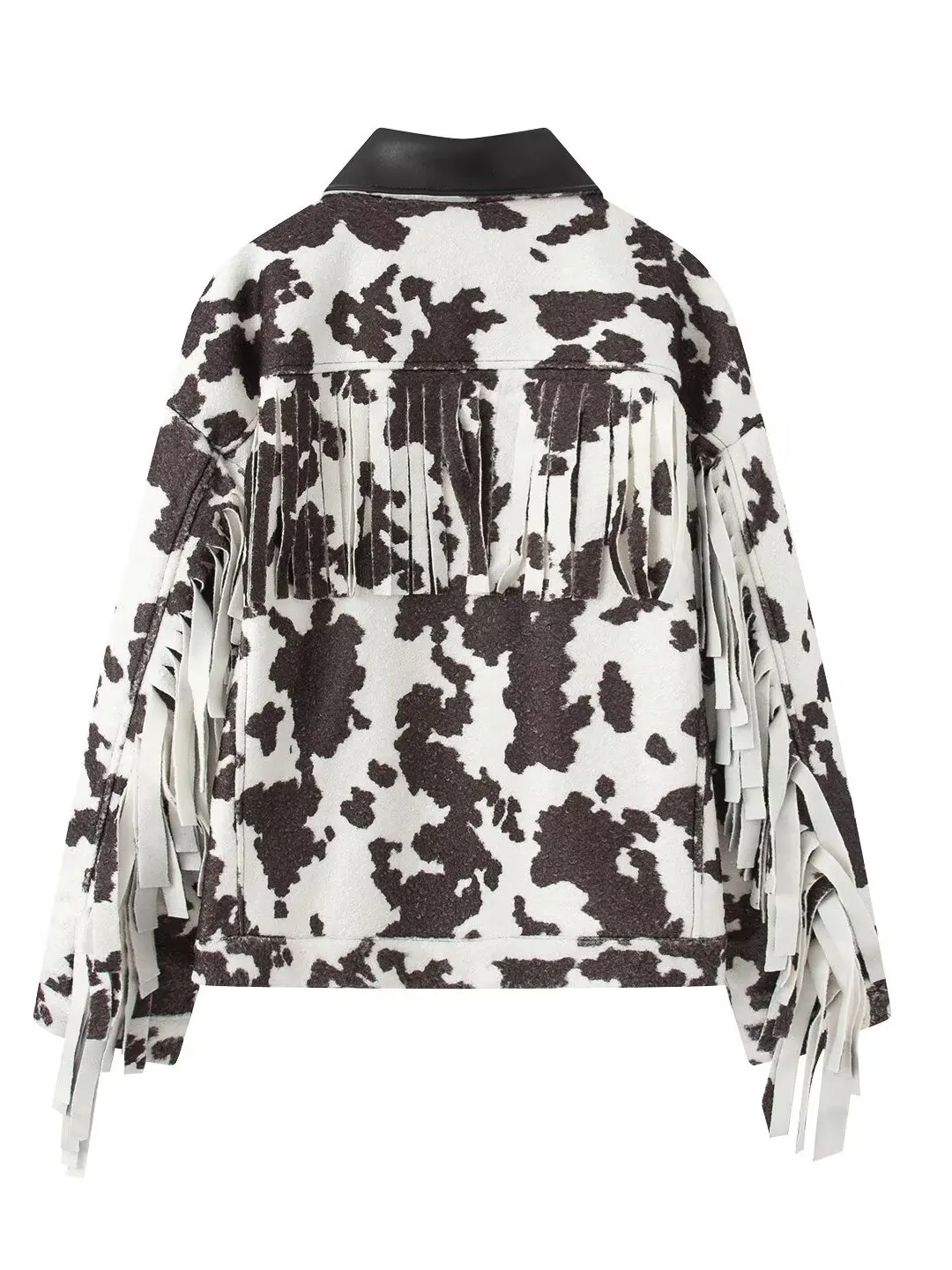 Retro American Cow Print Woolen Fringe Jacket Women's Turn-down Collar Loose Hip Hop Coat Polyester Fiber Long Sleeve Button ...