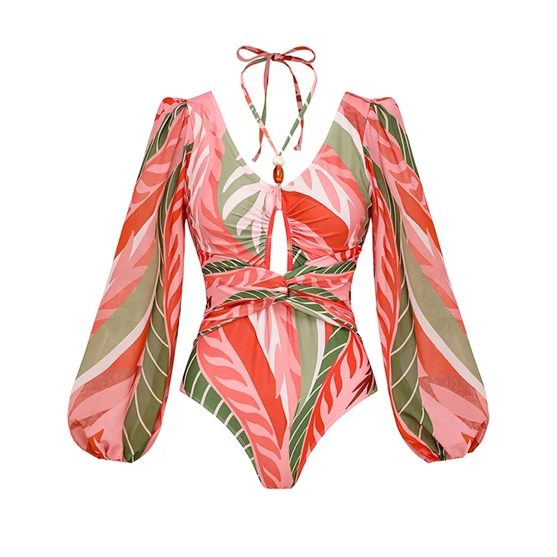 Maillot de bain une pièce pour femmes, 2 pièces, Cover-up, à volants, imprimé Dongbei, décolleté en V profond, Monokini, Kimono, vêtements de plage, été, 2024