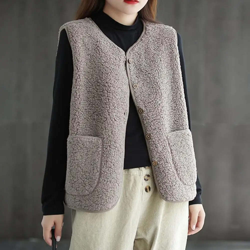 Grained Plush Vest Coat Spring Autumn Women Button Waistcoat Lamb Fleece Winter Thermal Warm Thick Sleeveless Jacket Ladies Coat