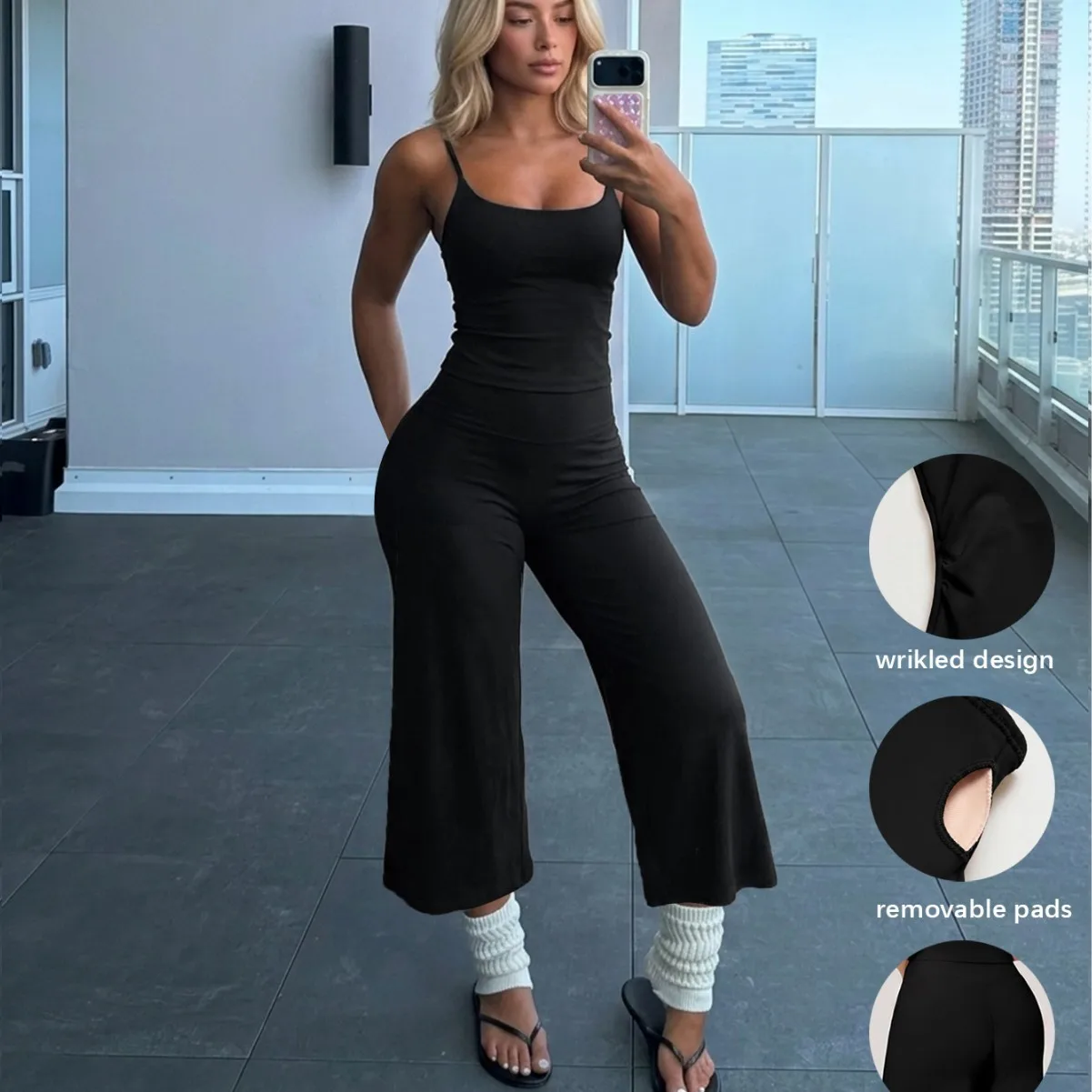 women-yoga-sets-fitness-sportswear-black-spaghetti-strap-ruched-removable-pads-high-waist-cropped-wide-leg-2-pieces-leggings