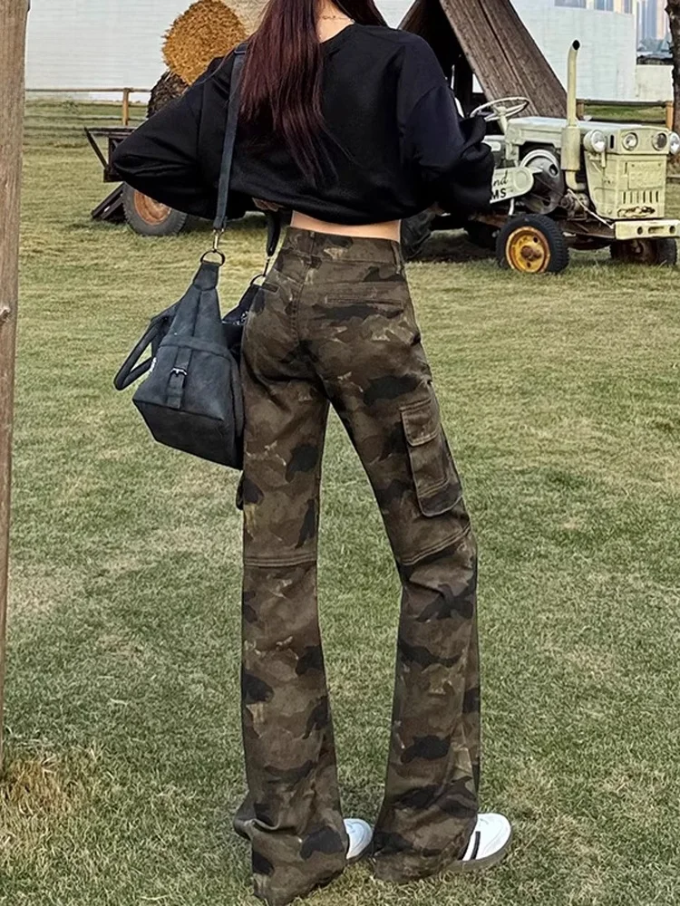 Retro American Camouflage Jeans Men's Women's Multiple kets Design Workwear Slim Straight Leggings Faionable Trousers