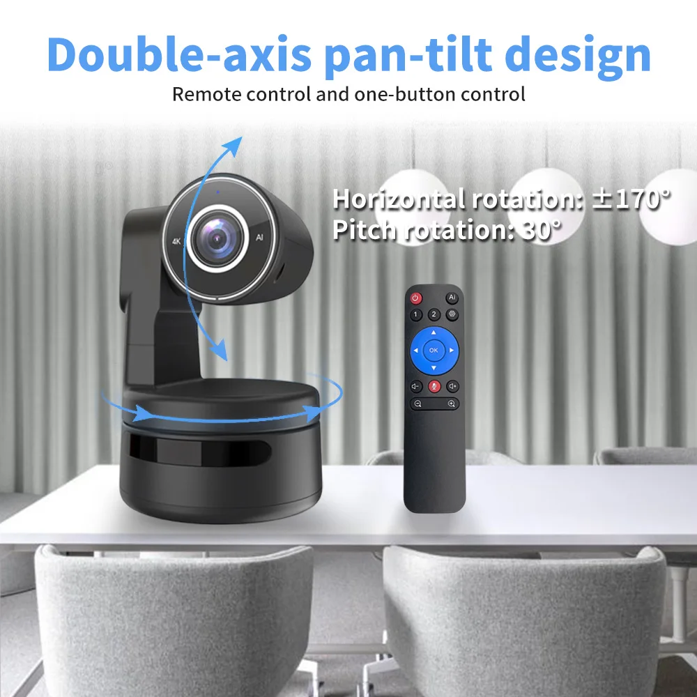 4K PTZ Webcam 4X Digital Zoom Auto Track Focus Camera AI Function with Mics for Online Meet Living Stream Youtube Video Camera