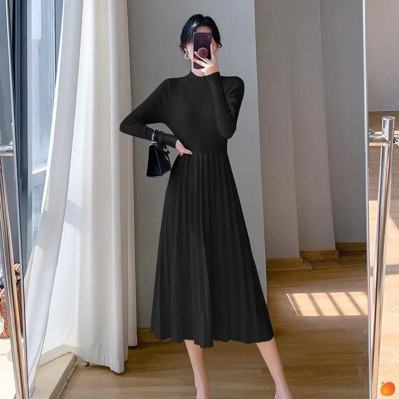 Vestido de malha com casaco para mulheres no outono e inverno, gola meio alta, comprimento médio, acima do joelho, camada interna, linha A de lã