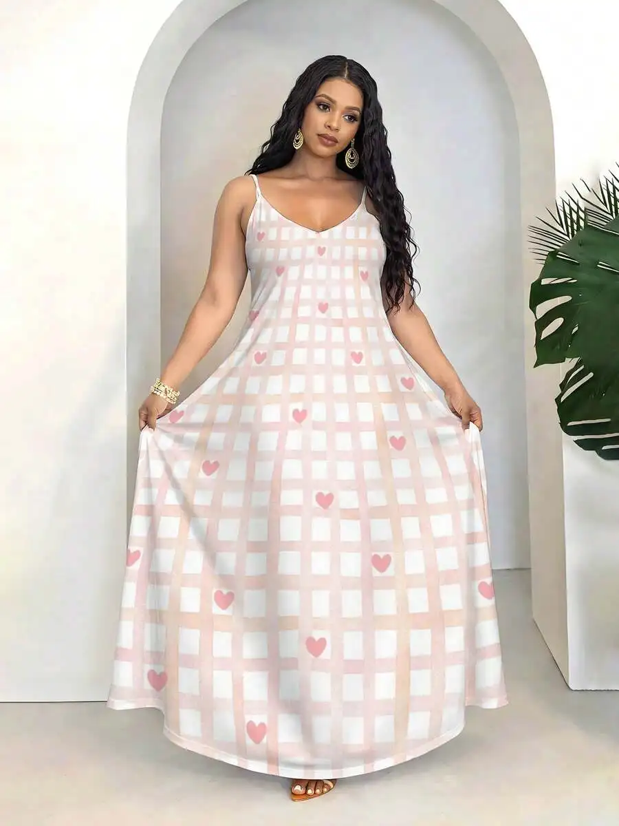 

Plus Size Women Casual V Neck Sleeveless Maxi Dress Plaid Heart Print Summer Beach Resort Wear