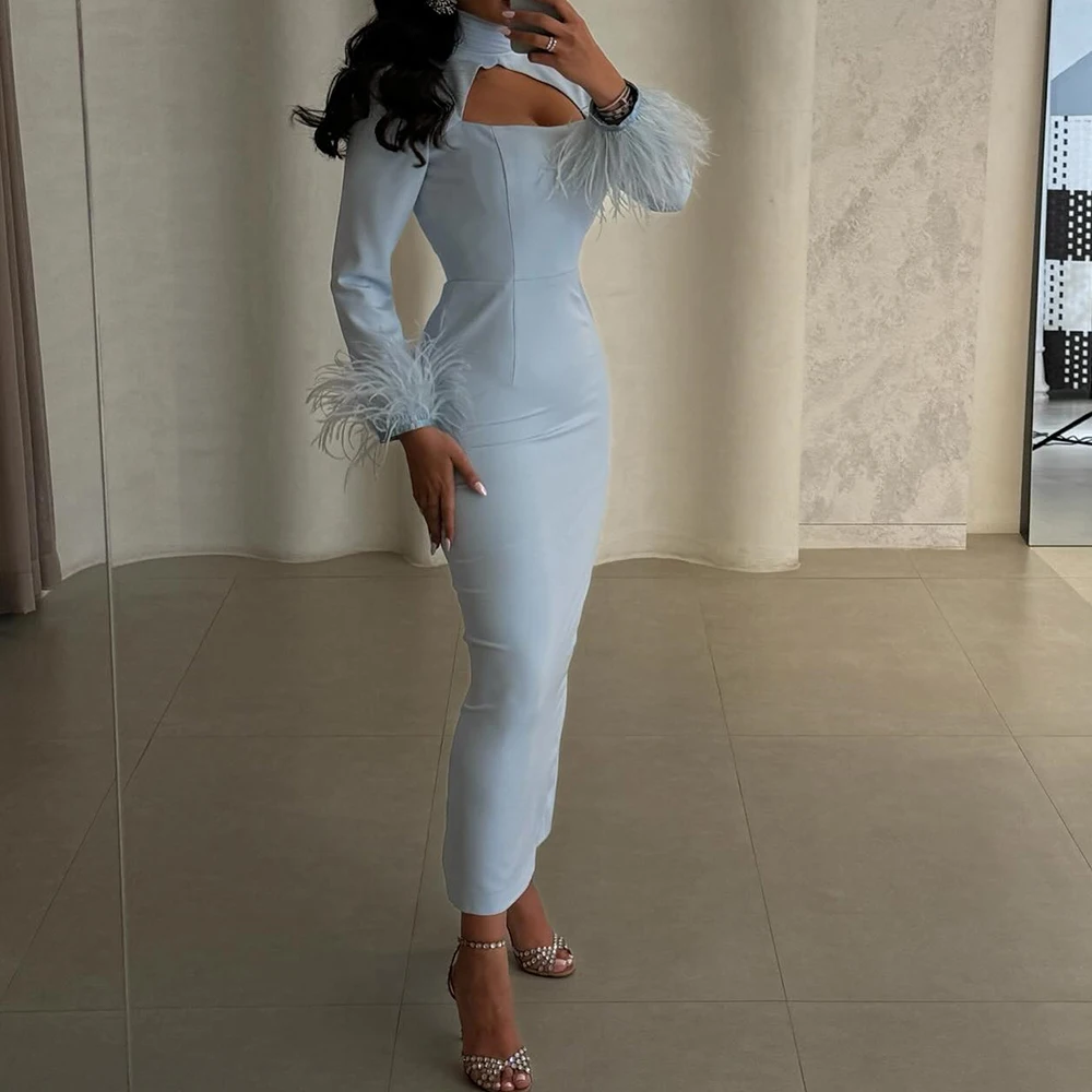 

Customized Straight Evening Dresses Tea-length High-neck Full Sleeve Prom Gown Simple Fashion Feathers Casual Party Gown