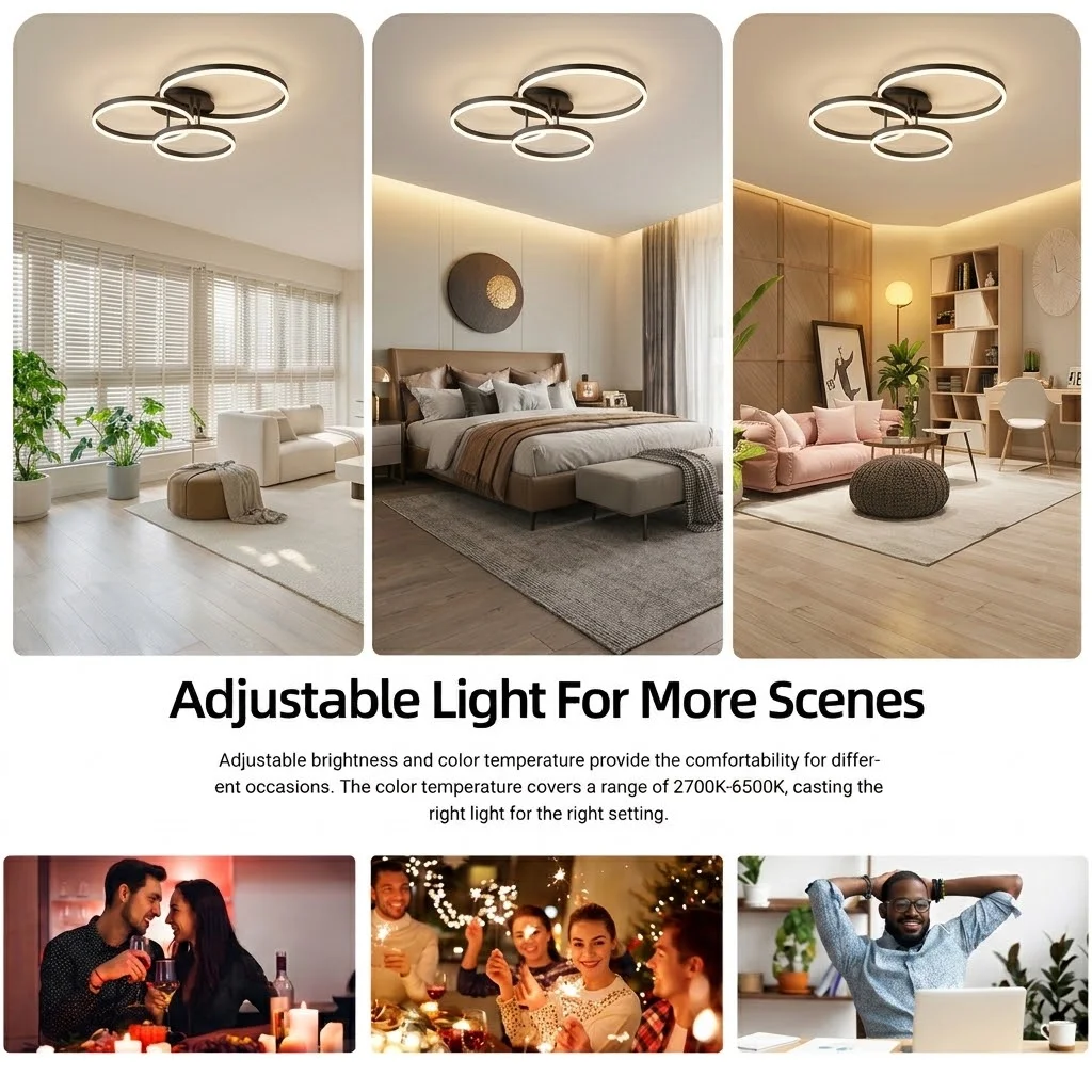 IRALAN 3 Interlocking Rings LED Flush Mount Chandelier Modern Black Circular Ceiling Lamp 3 Color Changing Indoor Lighting