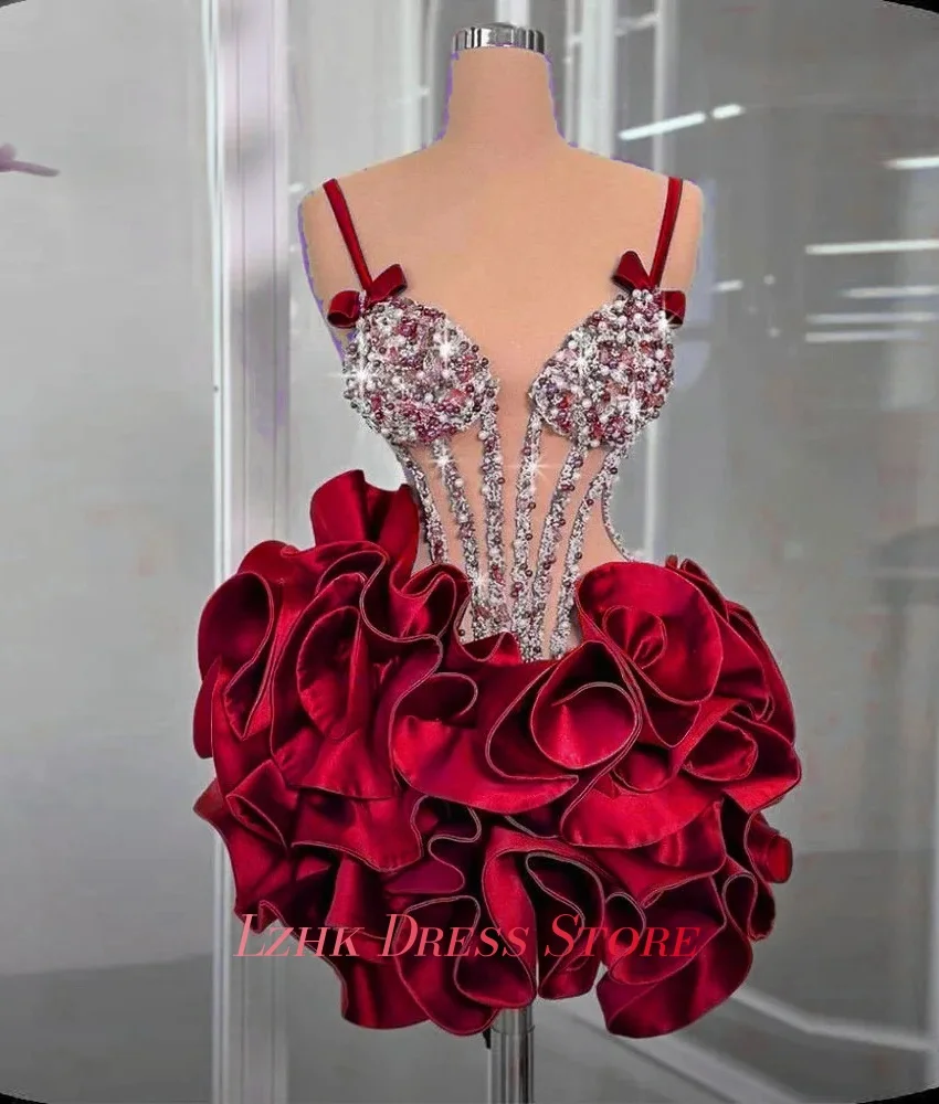 تخصيص فاخر مطرزة الديكور اللؤلؤ كريستال الكشكشة 3D القوس مساء اللباس مثير الحبيب أكمام بعد حزب اللباس