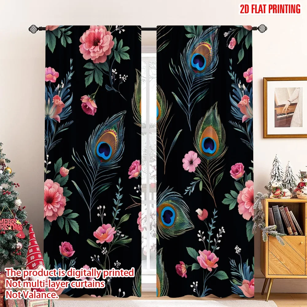2 قطعة 2D الطباعة المسطحة نافذة العلاج الستائر ريش الطاووس الأزهار التطريز الرقمية المطبوعة البوليستر الستائر كل موسم #1