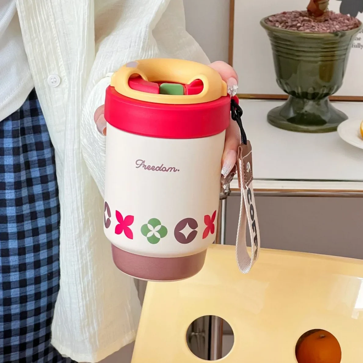 500ml Thermal Coffee Mug With Lid,Straw And Handle,Ceramic Inner Liner,Stainless Steel Outer Shell,Birthday Gift,Women's Thermos