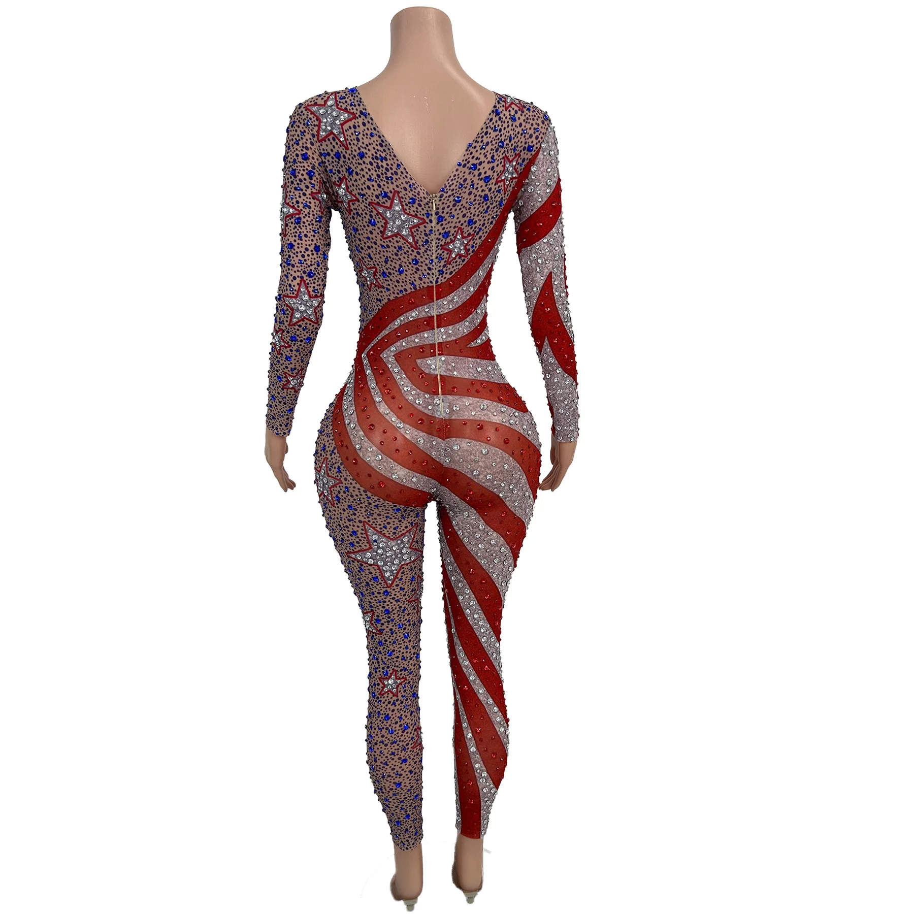Sparkly Rhinestone Red Silver Blue Tight Fitting Jumpsuit Striped Star Long Sleeve Jumpsuit Stage Show Party Evening Wear Qizhi