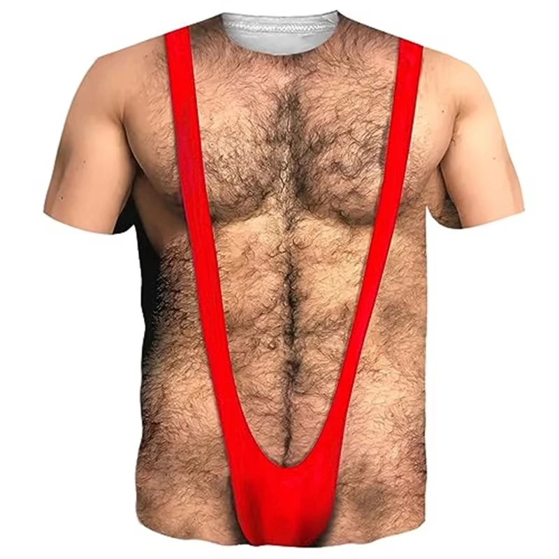 Camiseta de pecho peludo para hombre, camiseta con estampado 3d de músculos falsos Abs, disfraz de Cosplay, camisetas de verano para mujer, ropa para chico Y2k
