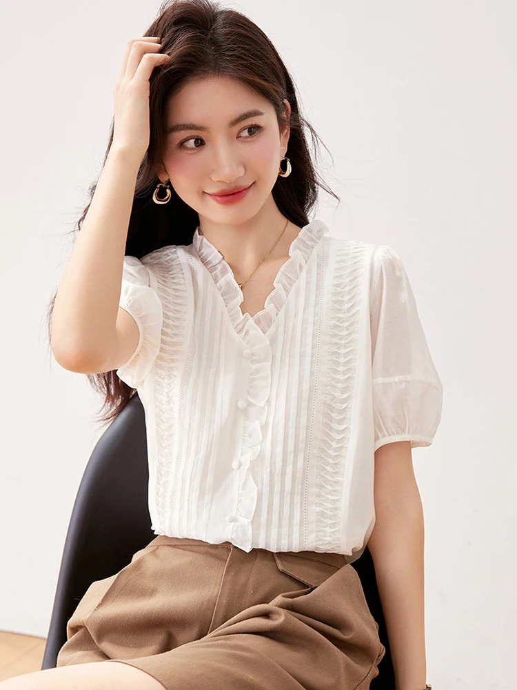 Summer New Women Elegant Simple Shirts Solid Color Tender Loose Design Streetwear V-neck Puff Sleeve Chic Top