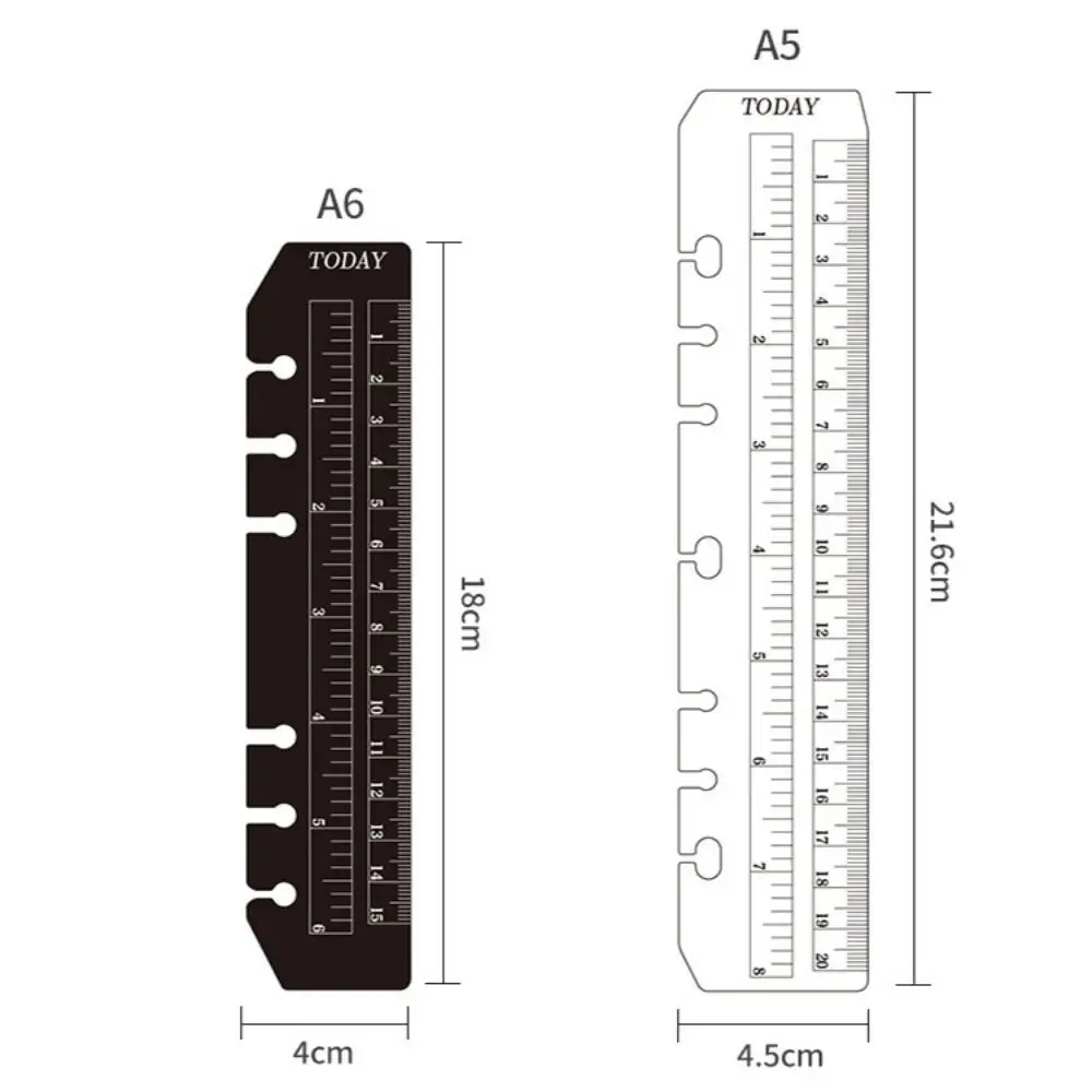 Carnet de notes en PVC transparent et noir, séparateur de page, règle multifonctionnelle, règle souple à 6 trous, A5