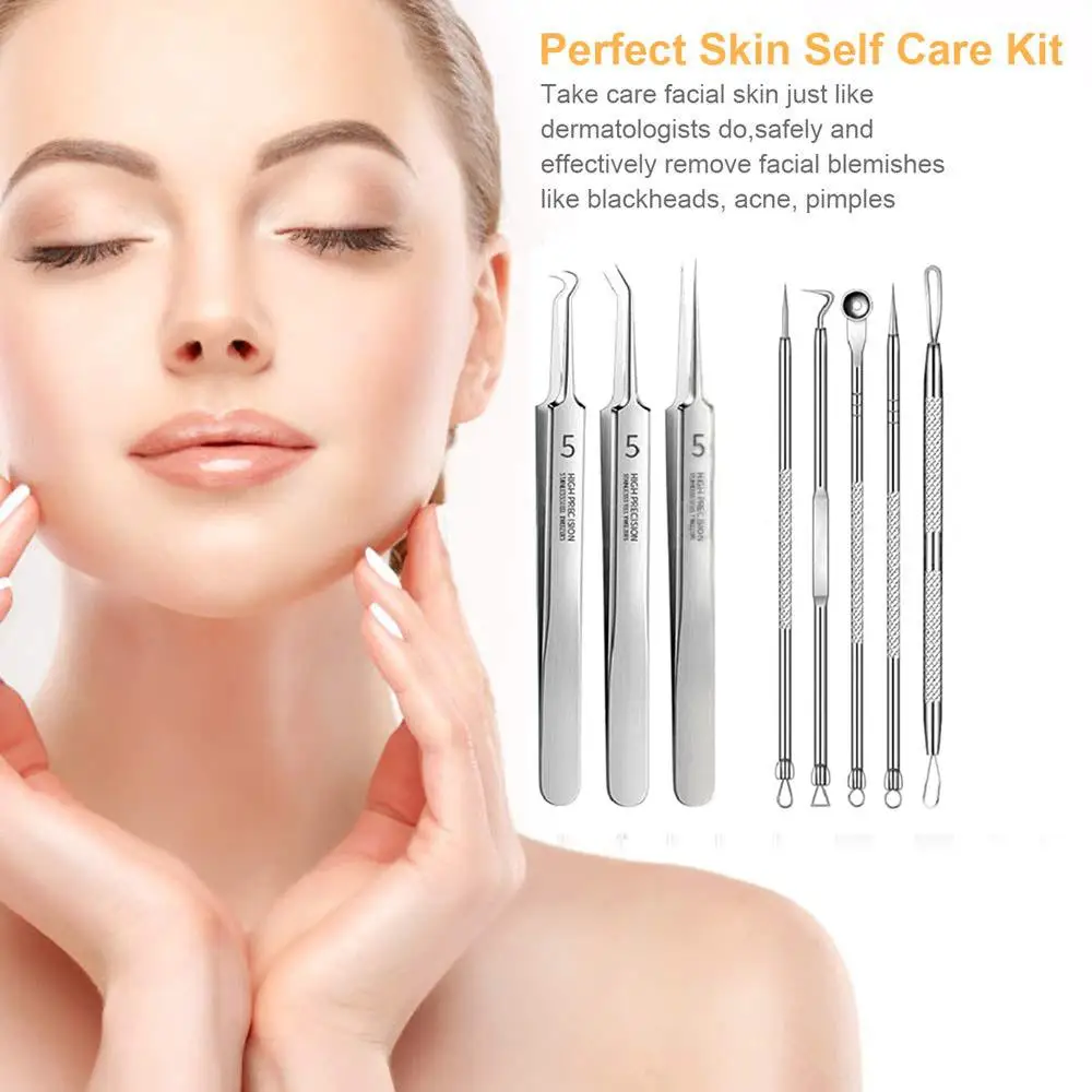 Kit d'outils Popper de boutons, outils d'élimination des points noirs de 5 à 8 pièces avec pince à épiler, Kit d'extraction de comédons de points blancs d'acné pour le nez du visage