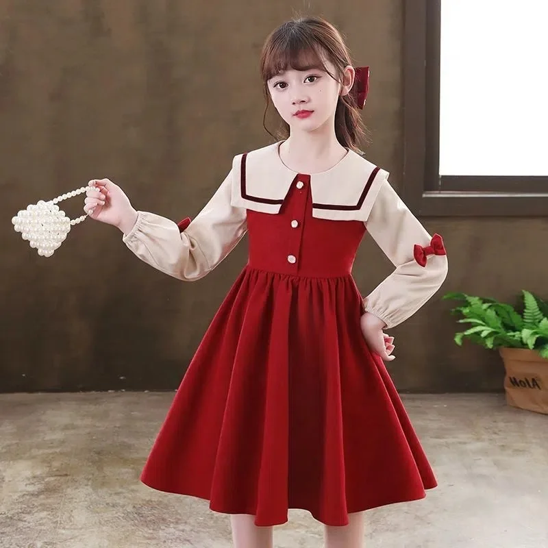 2024 Children Clothes winter Autumn Girls camisole party Dress patchwork Kids mesh lace Long Sleeves braces skirt 8 9 10 12 year