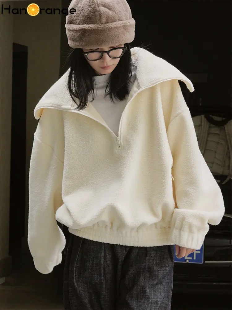 

HanOrange 2025, зимние винтажные модные флисовые толстовки с большими лацканами, женский пуловер на молнии, мягкая женская толстовка с капюшоном, толстая