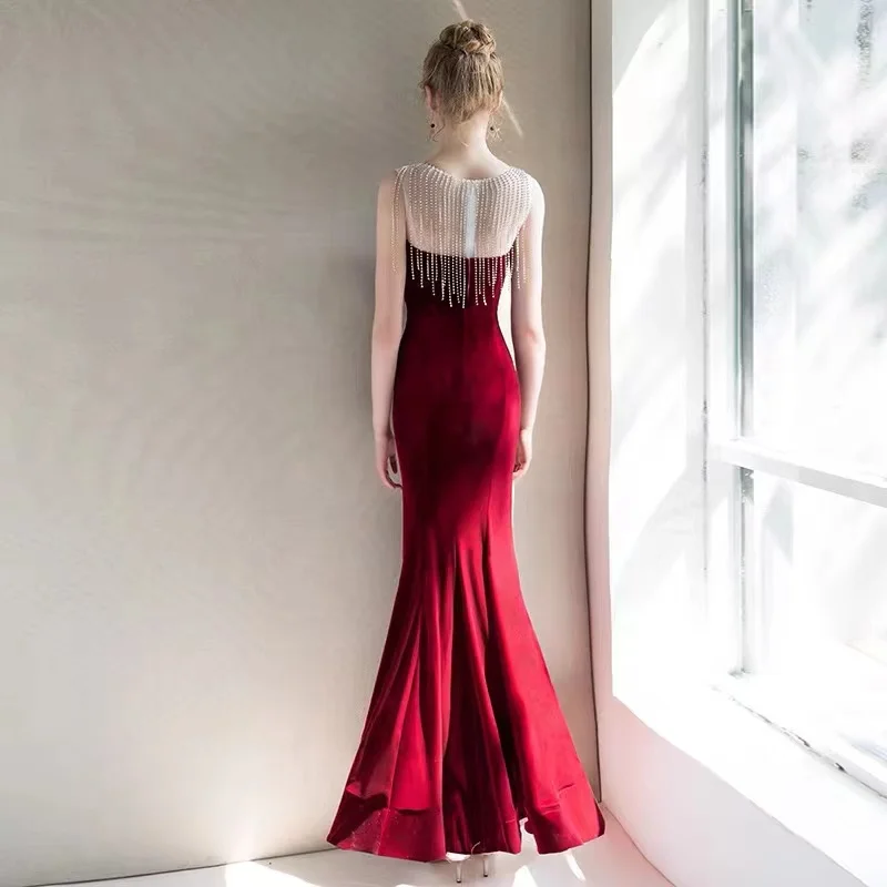 

Burgundy evening dress for women 2024 new high-end temperament fishtail long toast dress