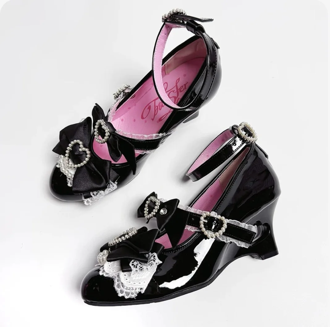 NONE Japanische rosa Schleife Liebe Ferse Sandalen Damen Oberbekleidung 2025, Sommer neue süße Lolita High Heel One-Wort Slipper Kawaii Mädchen Schuh 5