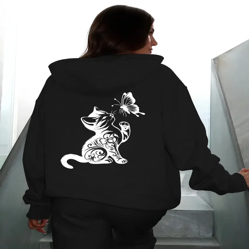 

Женская толстовка с длинным рукавом, пуловер с рисунком белого кота, толстовка, повседневная одежда, осенне-зимний сезон, уличная одежда, комфорт на каждый день