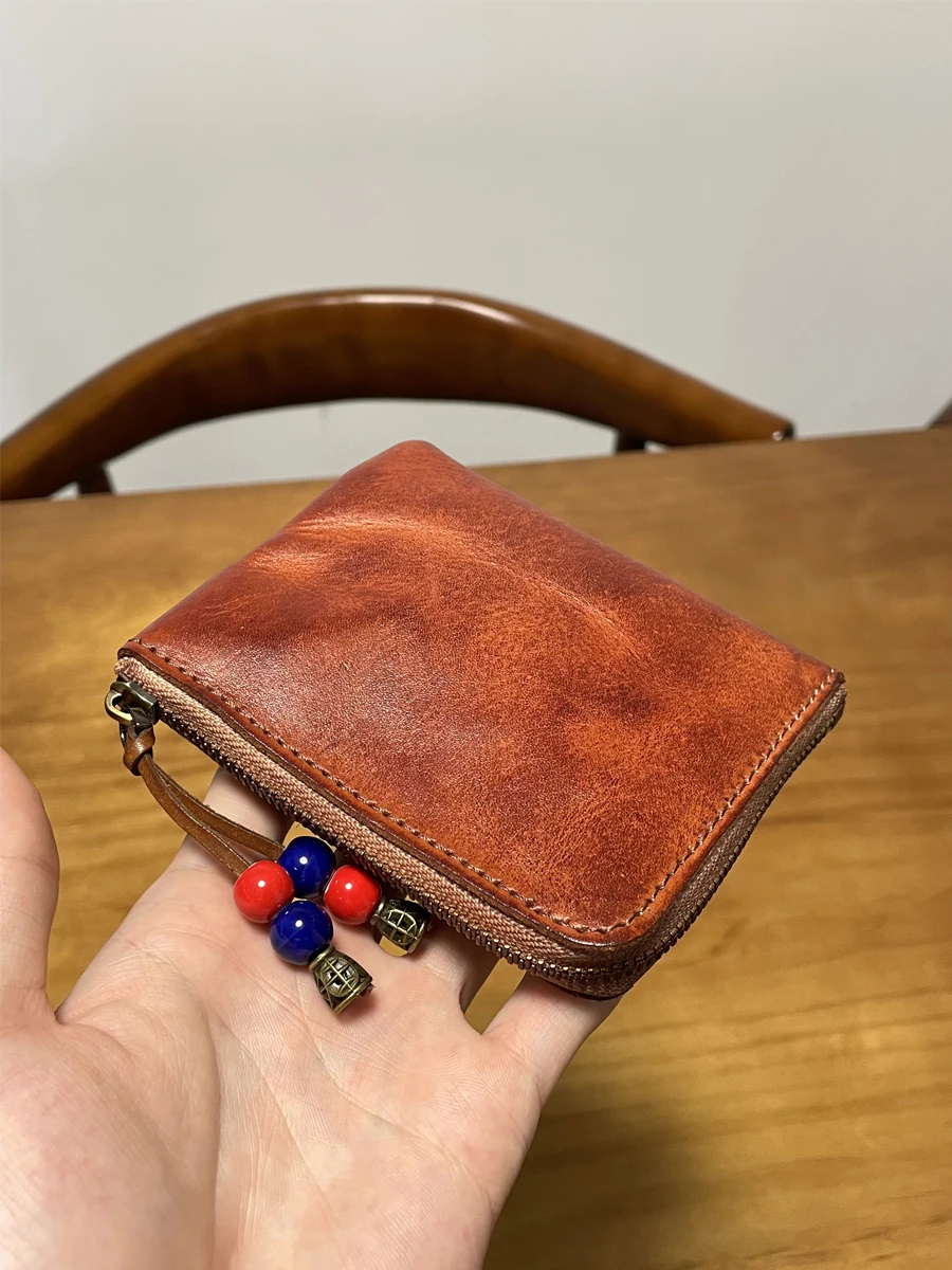 Vintage handmade vegetable tanned cowhide men women coin purse simple fashion high quality real leather driver's license wallet
