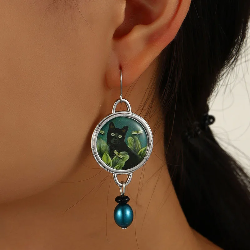 Vintage Round Black Cat Earrings for Women Ethnic Antique Silver Color Painting Green Leaves Blauwe Parel Dangle Earrings