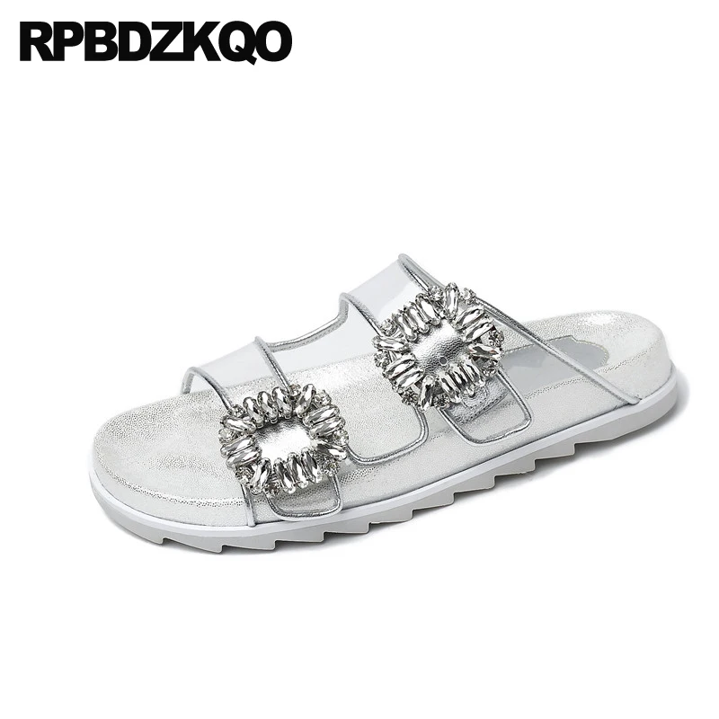 Sandals Slipper Jewel Diamond Rhinestone Slides Famous Brand Flat Crystal Burgundy Satin Designer Shoes Women Luxury 2021 Silver