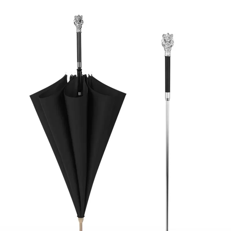 

Винтажный зонт для джентльменов, чисто черный, с серебряной ручкой в виде головы животного, съемный, большой размер, с длинной ручкой, для дома, от дождя