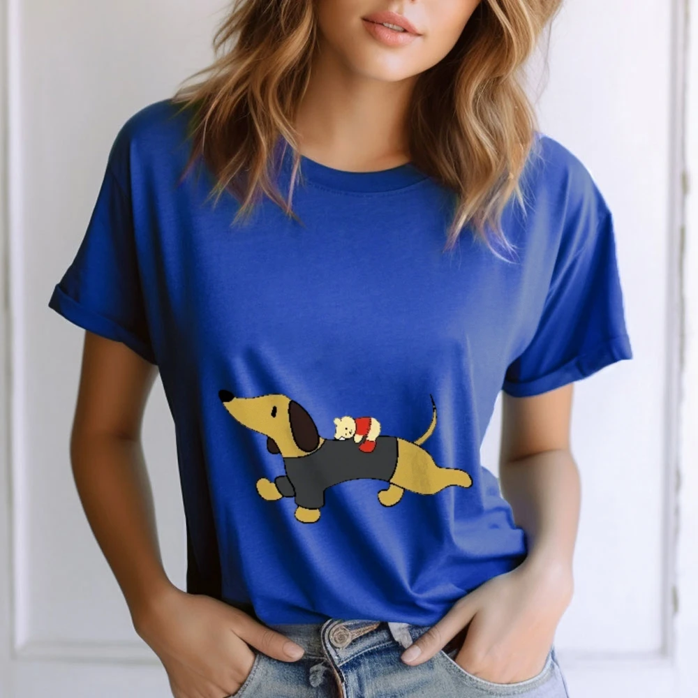 تي شيرت نسائي رائع برسومات كلب بيضاء كبيرة الحجم بطباعة تيدي بير، كاجوال أنيق فيبي تي شيرت نسائي أمريكي عصري