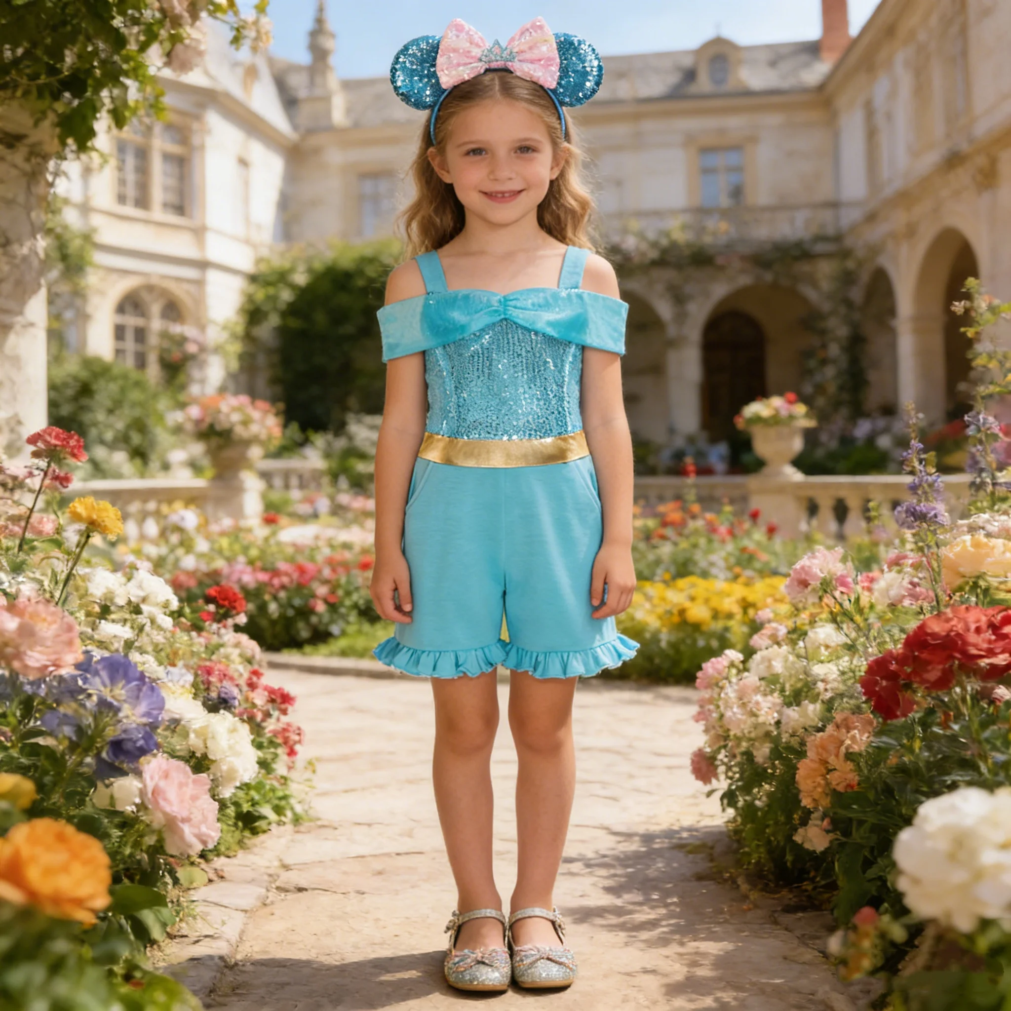 Mono de lentejuelas con hombros descubiertos para niñas, azul lago, estilo princesa jazmín, pantalones casuales de verano, disfraces para festivales infantiles