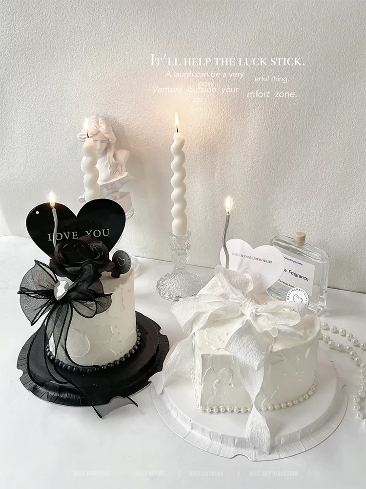 Girl's Happy Birthday Party Valentine's Day Cake Topper Decoration Black Bow Acrylic Pearl Love Dessert Wedding Baking Supplies