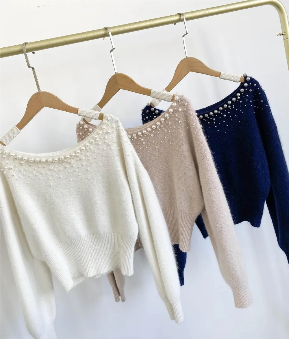 Neploe Slash Neck Batwing Sleeve Sweet Jumper Fresh Solid Shoulder Strapless Casual Pullovers Japan Knit Moda Pearl Sweaters