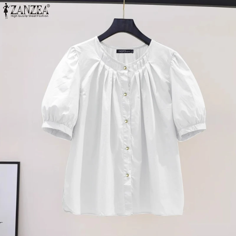 

Летняя элегантная блузка ZANZEA 2026 с коротким рукавом для женщин, стильная офисная блуза, однотонная плиссированная блузка, повседневный топ с круглым вырезом, туника для отпуска