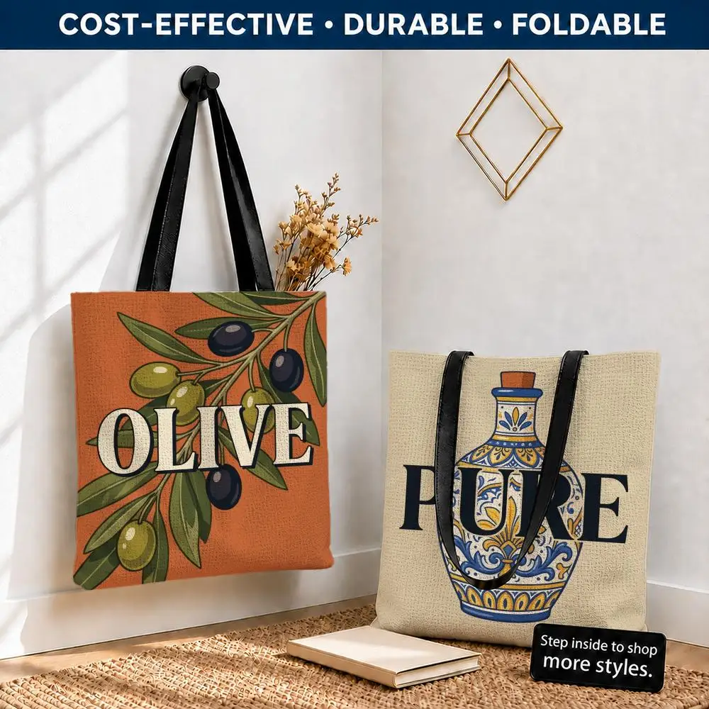 Bolsas de almacenamiento con diseño de botella de aceite de oliva, bolsa de compras de lona de poliéster, ligera, plegable, reutilizable, con correas para el hombro