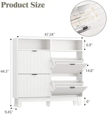 Shoe Cabinet Storage for Entryway with 4 Flip Drawers, Fluted Narrow Shoe Organizer with Wooden Legs & Top Cubby