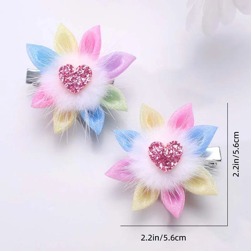 ncmama New Faux Fur Hair Clips for Baby Girls Cute Glitter Heart Hairpin Barrettes Kids Headdress Boutique Hair Accessories Gift