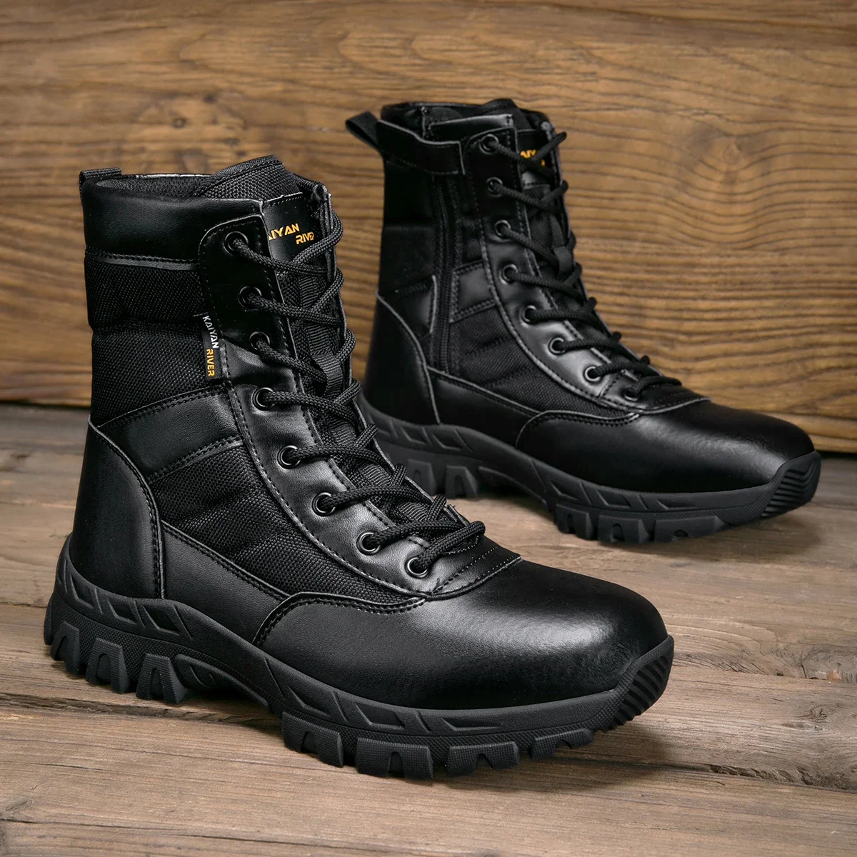 Men's Outdoor Hiking Shoes High-top Leather Boots Tactical Military Boots Black Thick-soled Shoes Wear-resistant Zapatillas Male view 4