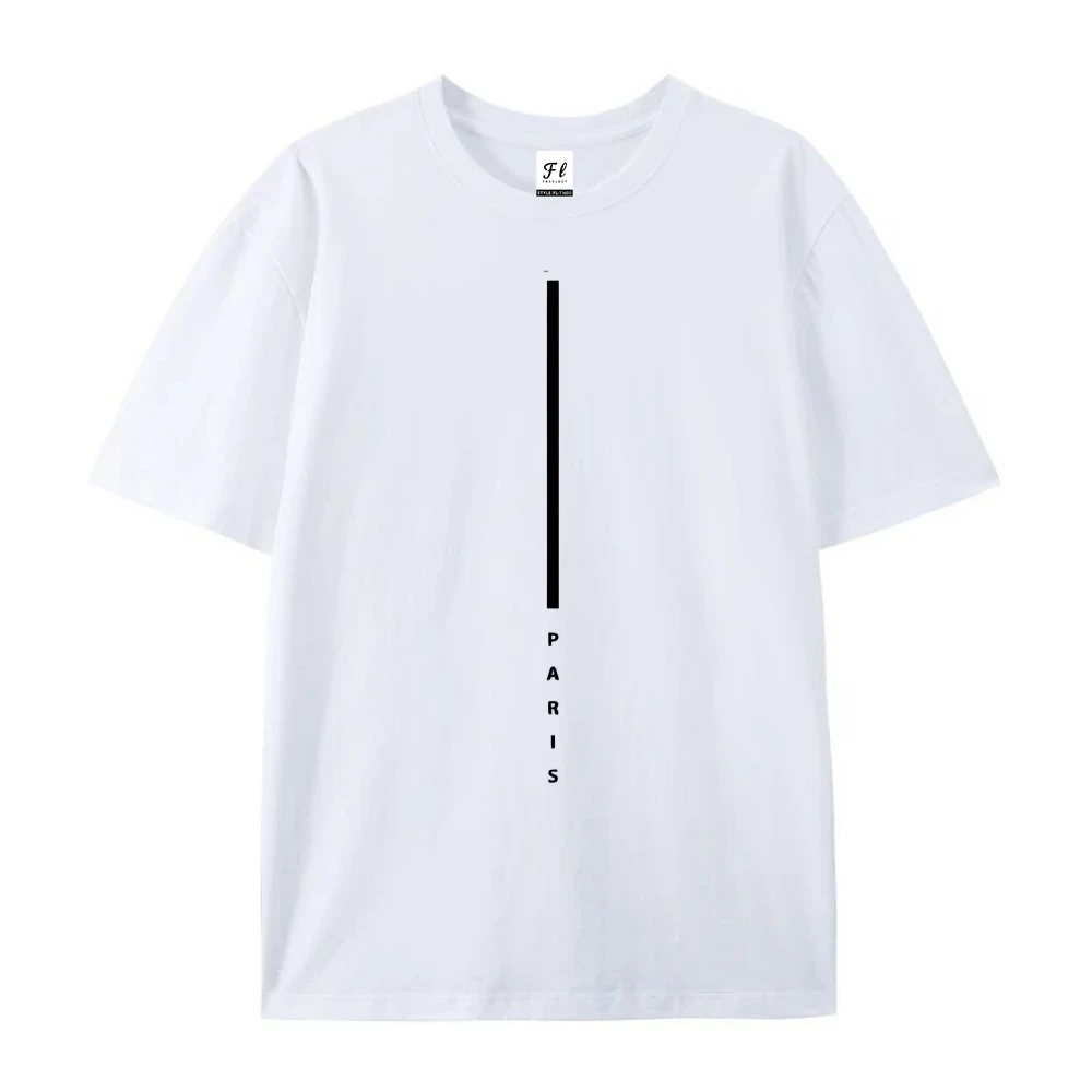 เสื้อยืดลายแนวตั้งปารีสดีไซน์เรียบง่ายเก๋ไก๋ลำลองหลวมแขนสั้นอินเทรนด์ลำลองสบาย ๆ เสื้อผ้าแฟชั่น