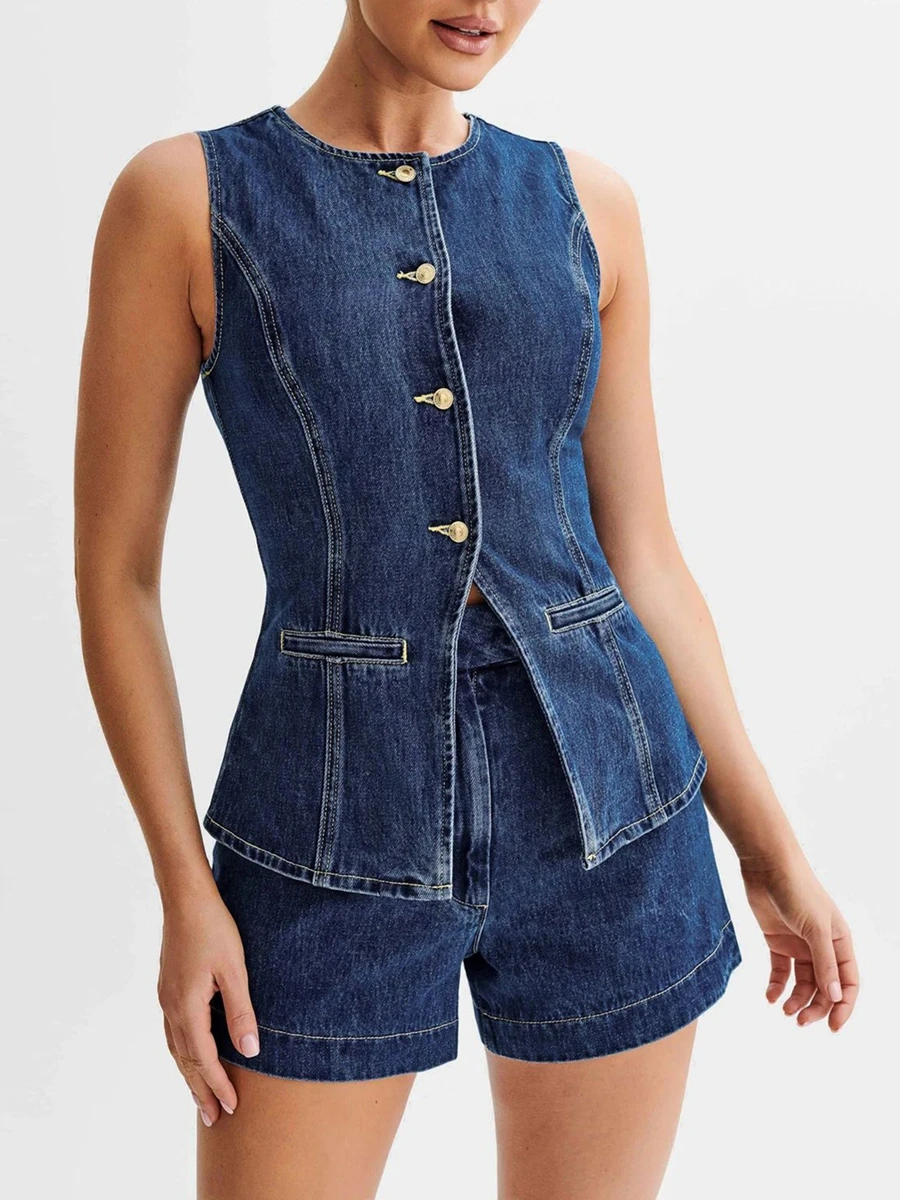 2-delige Denim-Outfits Voor Dames, Mouwloze Tanktops In Effen Kleuren Korte Broeken