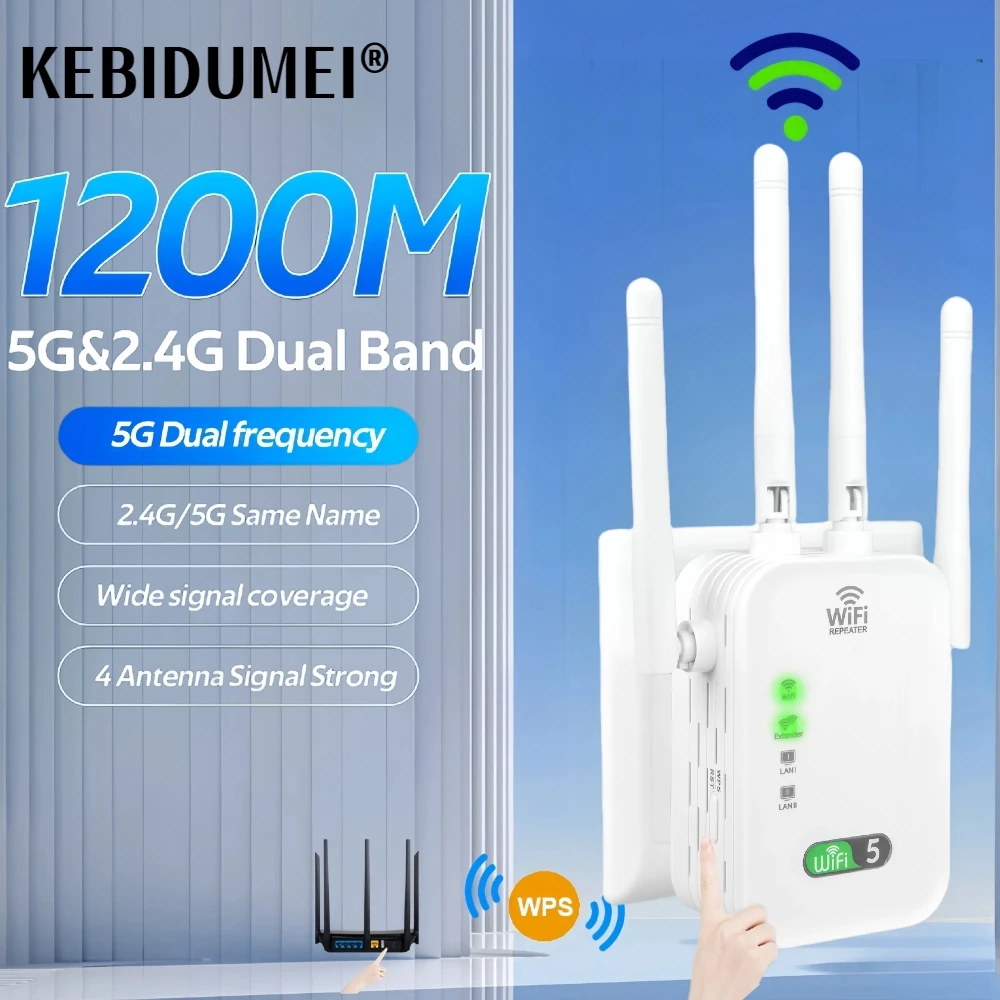 

1200Mbps WiFi Repeater Wireless WIFI Extended WiFi Booster 2.4G/5G Dual-band Network Amplifier Long Range Signal WiFi Router