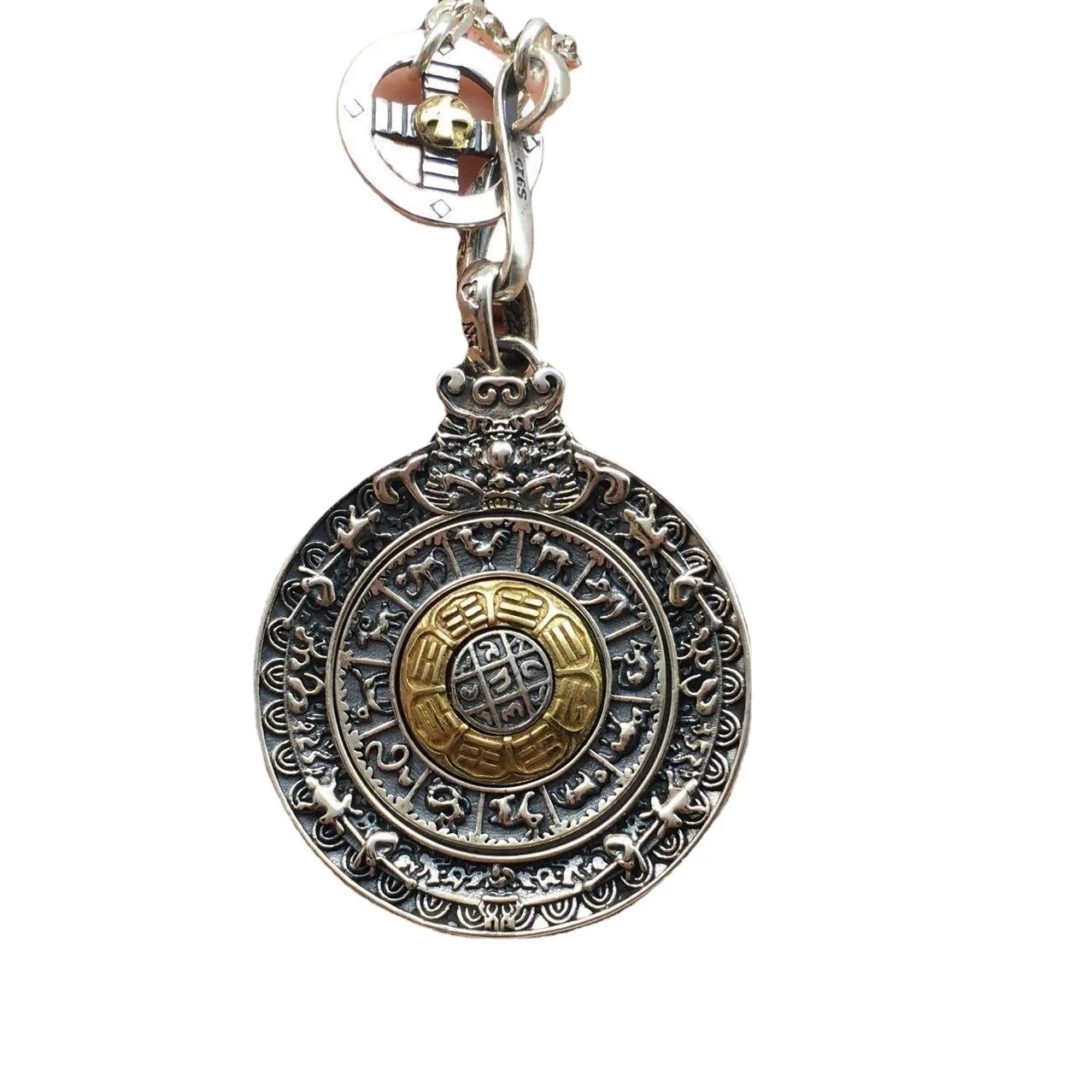 Sterling silver S925 vintage Thai silver accessories Nine Palace eight men and women rotating pendant cross Vajry pestle pendant