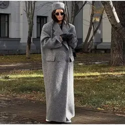 2024 New Woolen Trench Long Coat Gray Winter Button Long Woolen Jacket Female Lapel Jacket Casual Elegant Windbreaker