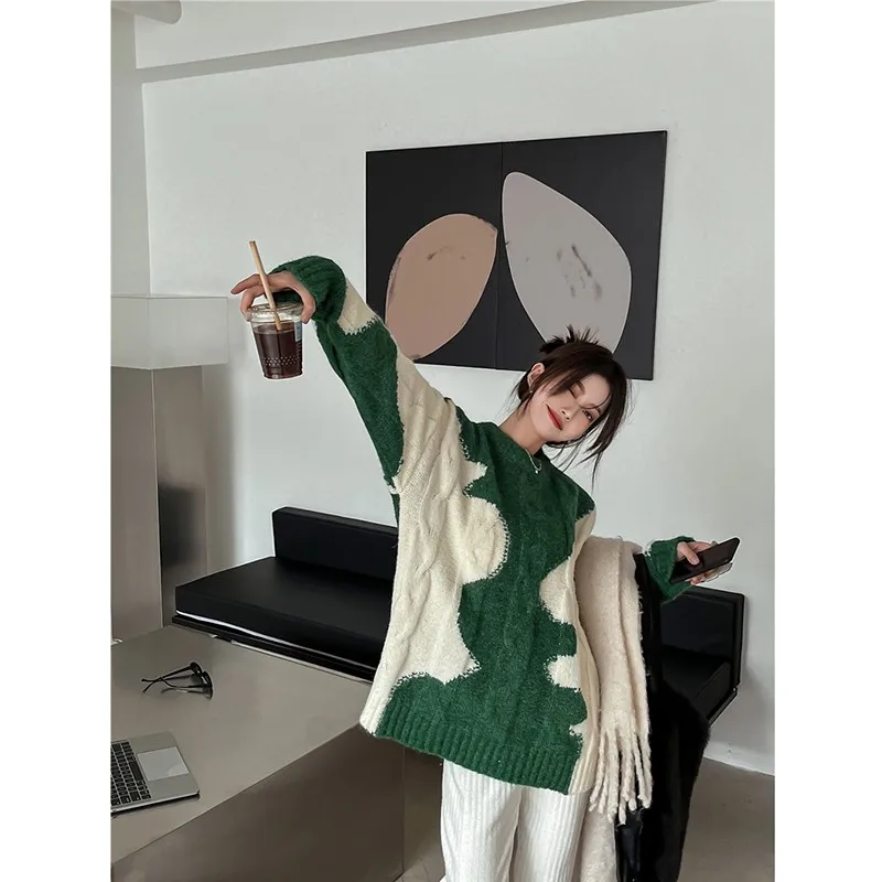 2022 New Arrival Autumn/winter Korean Style Women Loose Casual Long Sleeve O-neck Pullover Patchwork Print Knitted Sweater V893