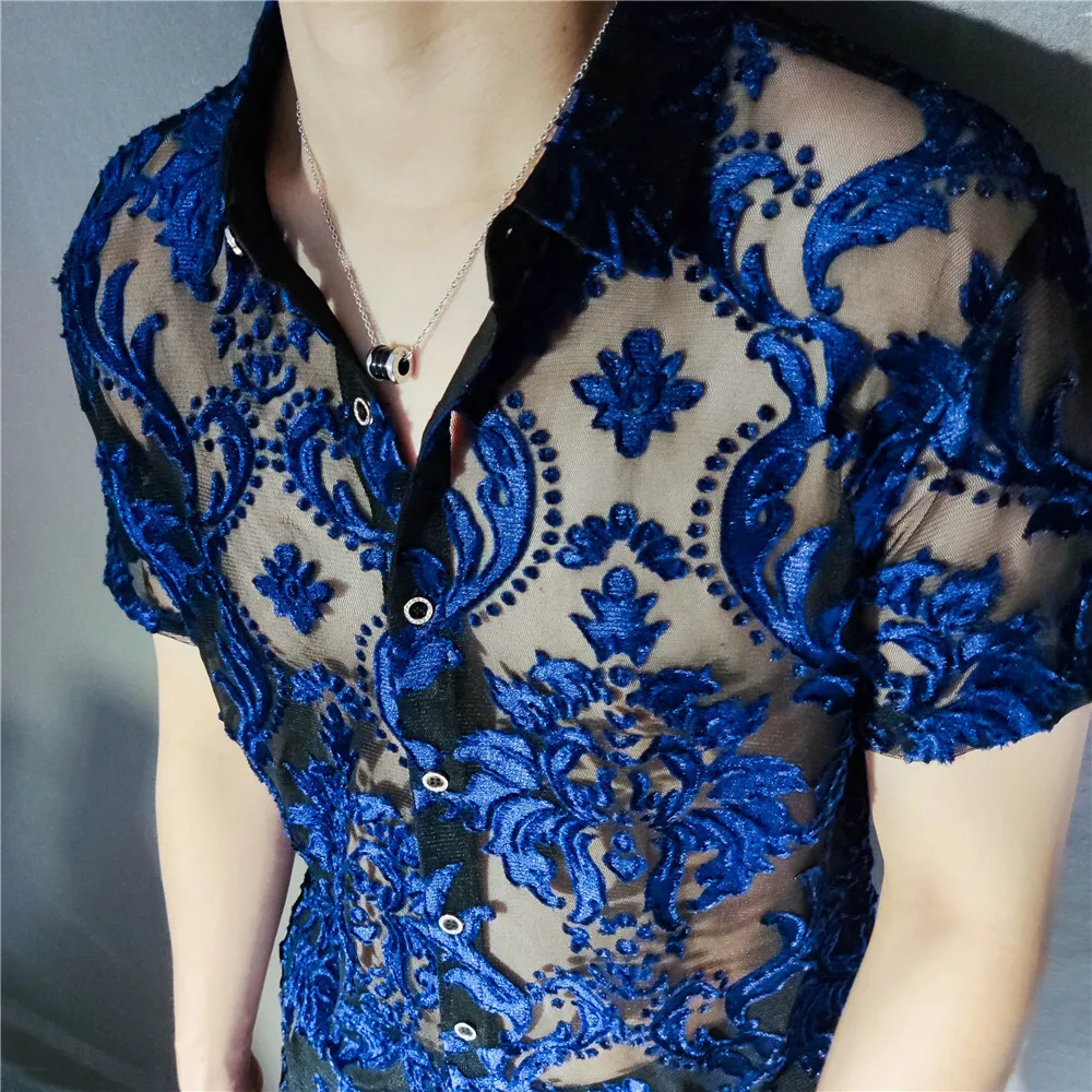 2022 Transparent Blue Floral Shirt Masculine Soft Velvet Slim-fit Men\'s Clothing Nightclub Short-sleeved Sexy Shirt See Through