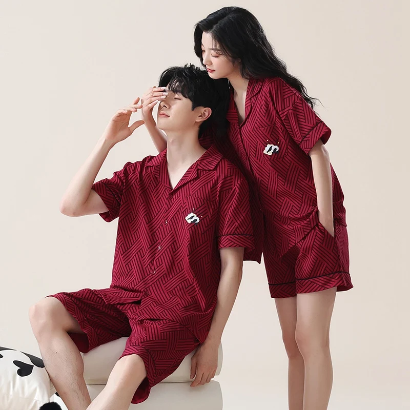 Couple Short Sleeve 100% Cotton Pajama Sets for Men Summer Korean Loose Sleepwear Pyjama Women Night Dress Homewear Home Clothes