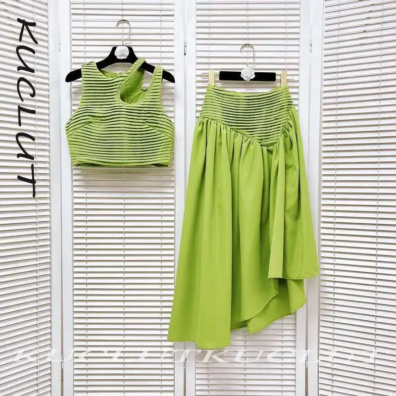 

KUCLUT 2025 Fashion New Women's Two-pieces Set Sleeveless Vest High Waist Solid Color Pleated Mid-calf Skirts Female K221