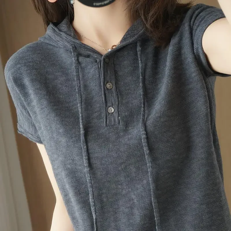 Women's T-Shirt 100% Cotton Knitted Hooded T Shirt Short Sleeve Korean Loose Hoodies Cotton Linen V-neck Tshirts 2024 Summer New