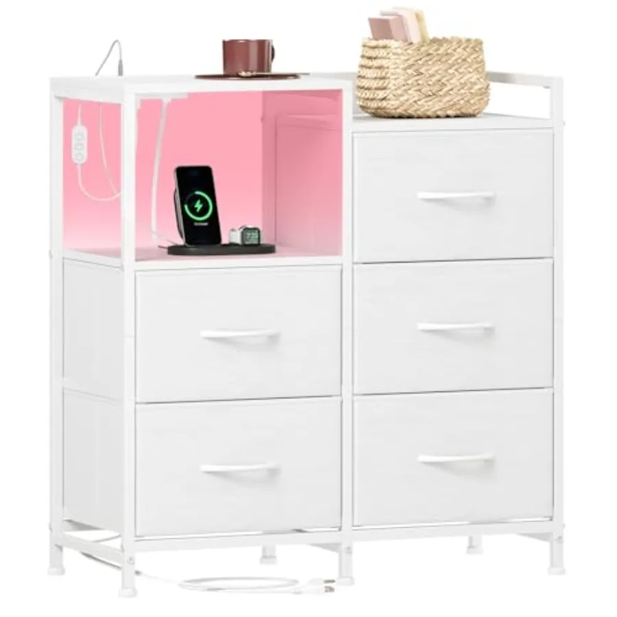 

White Nightstand with Charging Station and LED Light Wide 5 Drawers Dresser for Bedroom Closet Dorm Guest Room Includes Fabric