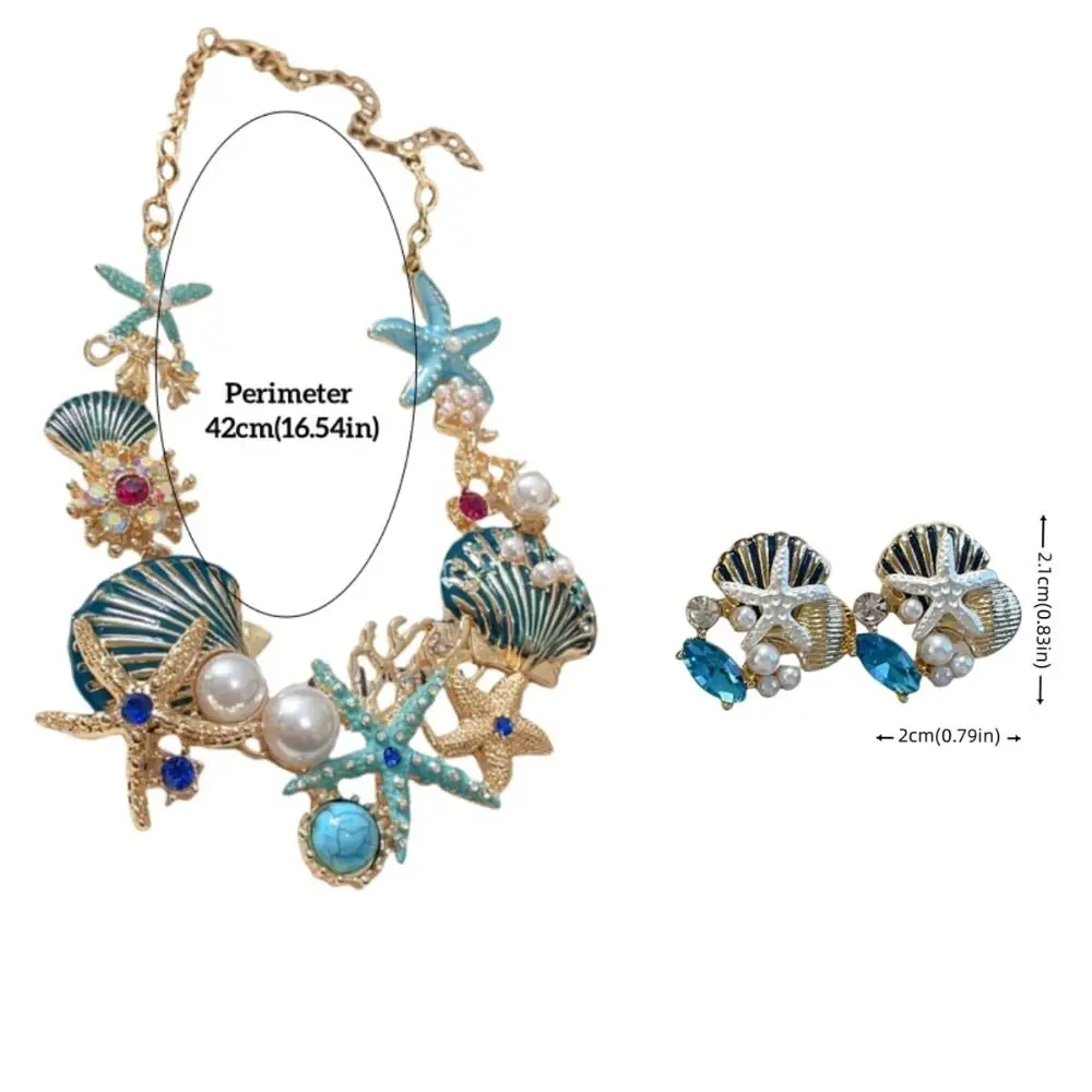 Модное милое ожерелье из ракушек морской звезды, металлическое изысканное ожерелье в морском стиле, серьги со стразами и жемчугом, пляжные украшения для женщин